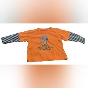 Mulberribush Orange Halloween Shirt With Striped Sleeves Size 24 Months.